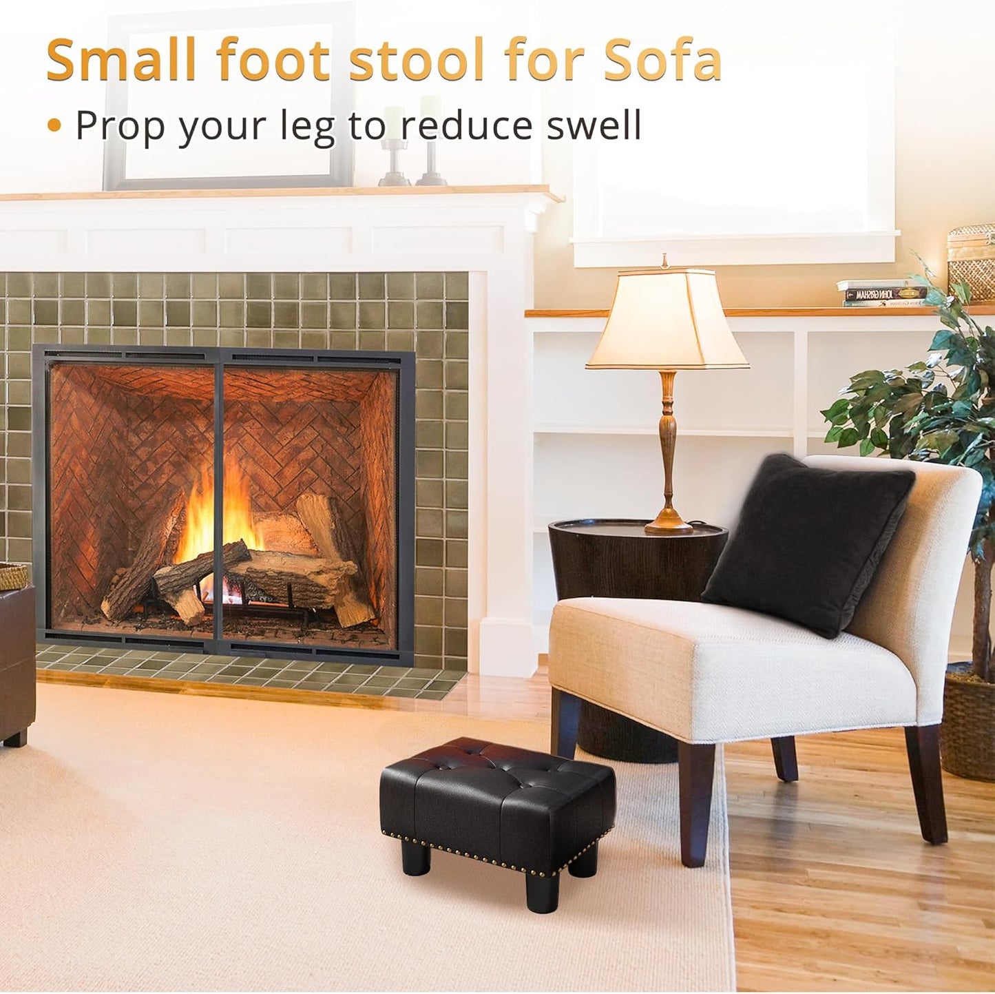 LUE BONA Small Tufted Foot Stool, Black Rivet Faux Leather Footrest with Plastic Legs, 9''H, Rectangle Foot Stools for Adult with Non-Slip Pads, Sofa Footstool for Living Room, Couch