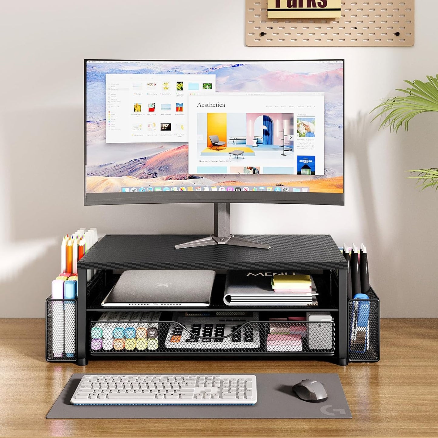 Desk Organizer and Accessories, 2-Tier Computer Monitor Stand with Drawer and 2 Pen Holders, Laptop Stand, Office Desk Accessories for Office Supplies, Carbon Fiber