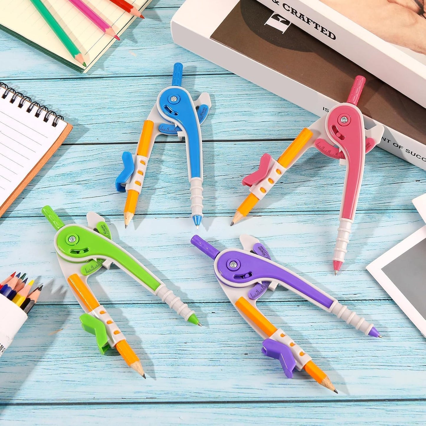 Zonon 100 Pcs Student Math Geometry Compass Tool Classroom Set Bulk 6 Inch Bright Colored Plastic Drawing Compass with Pencils Back to School Supplies for School Home Office