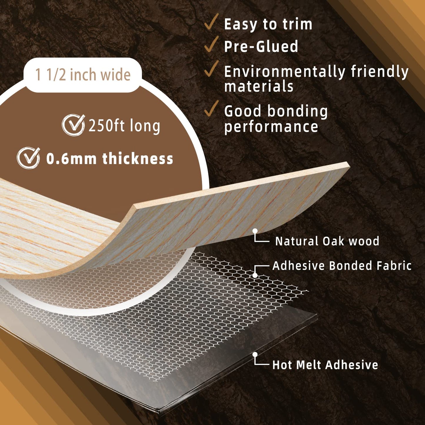 GSCIT Club Oak Edge Banding, 1 1/2 inch x 250ft roll of Veneer Plywood Edge Banding Preglued Flexible, Wood Tape Banding for Cabinet Repair