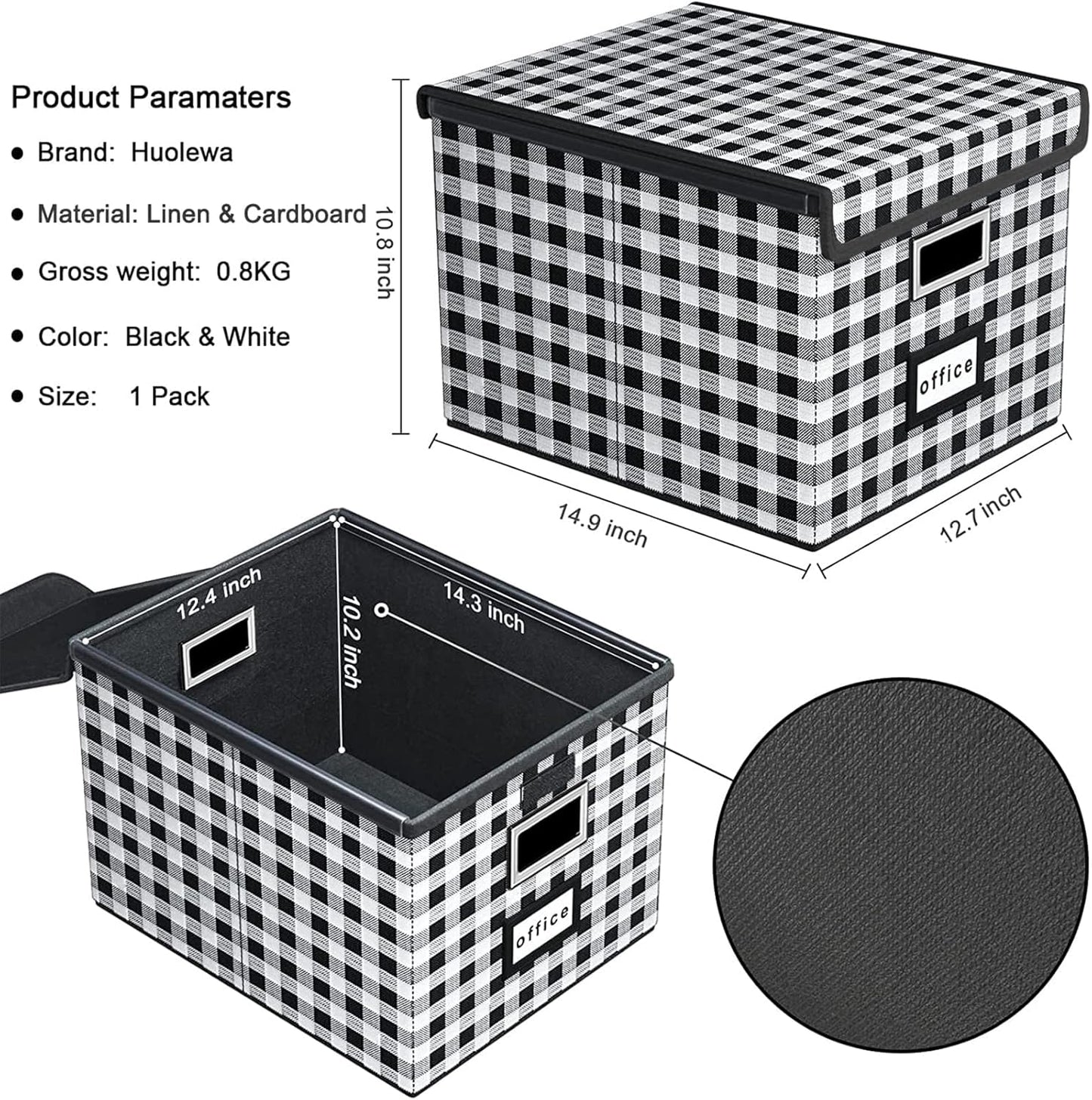 Huolewa Collapsible File Storage Organizer Box with Lid, Lattice Linen Office Document Storage, Universal Hanging Filing Organization Box for Letter/Legal Folder, Decorative Home File Bin
