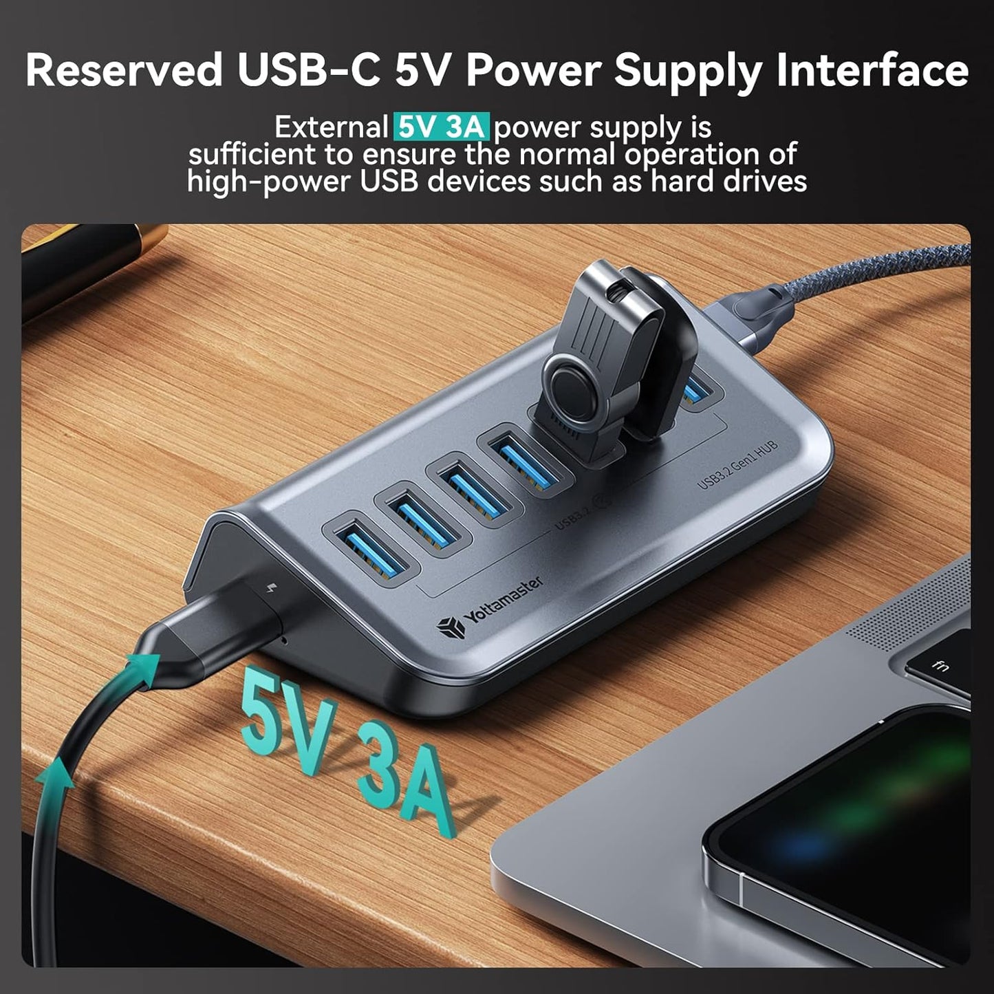 Yottamaster 7 Port USB 3.0 Hub, Data USB Hub Splitter with 1.6ft Cable Compatible with MacBook, Mac Pro, Mac mini, iMac, Laptop, PC, USB Flash Drives, Mobile HDD, Printer (1.6ft)