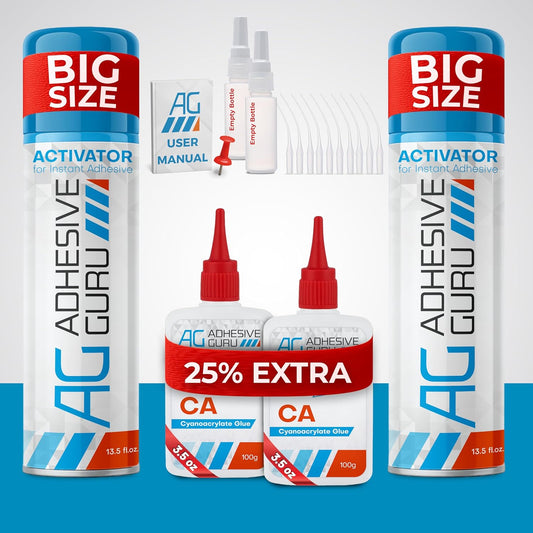 Adhesive Guru CA Glue with Activator (2 x 3.5 oz - 2 x 13.5 fl oz) CA Glue Set for Woodworking with Microtips, Cyanoacrylate Super Glue for Plastic, Glass, Ceramic, DIY, 3D Printing (2 Pack Set)
