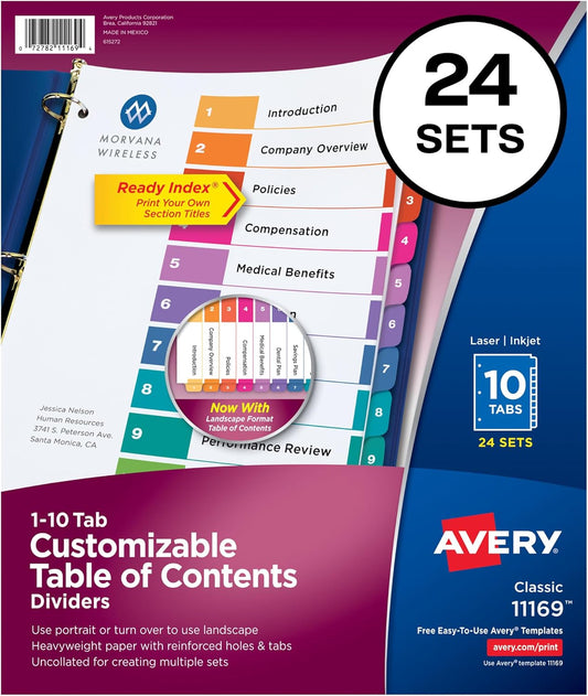 Avery 10 Tab Dividers for 3 Ring Binders, Customizable Table of Contents, Multicolor Tabs, 24 Sets (11169)
