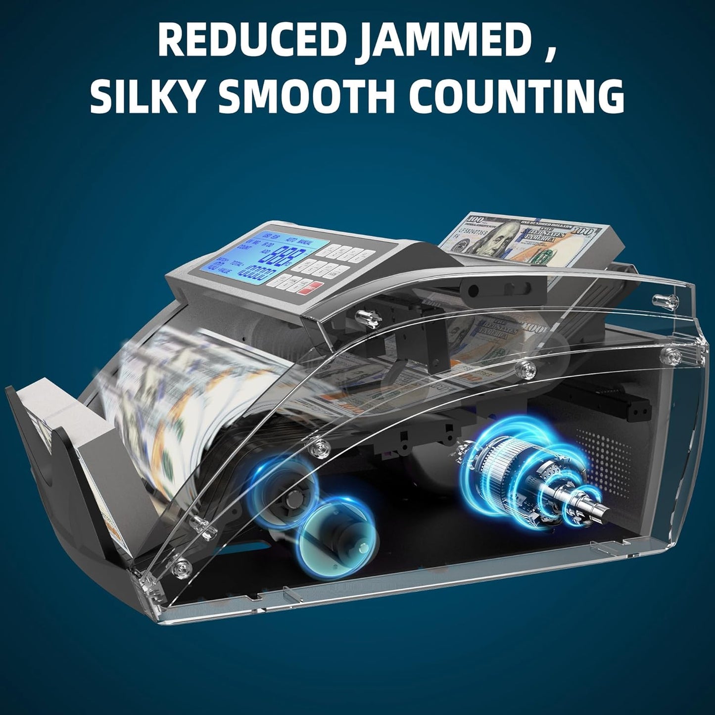 PONNOR Money Counter Machine with Value Bill Count, Cash Counter for Dollar, Euro with UV/MG/IR/DD/DBL/HLF/CHN Counterfeit Detection, Add/Bat/Value Mode Bill Counting Machine with Large LCD Display