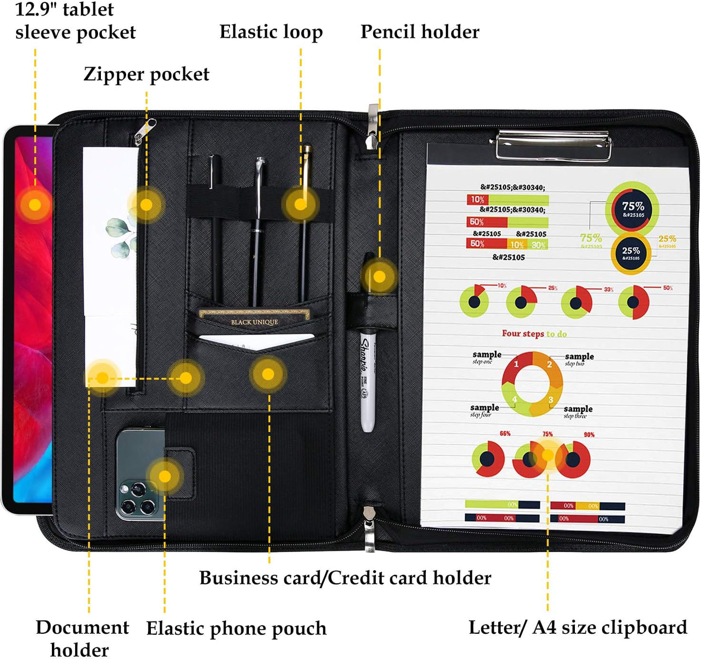 ProCase Portfolio Business Padfolio Folder with Handle and Zipper, Conference Meeting Executive File Legal Document Organizer with Pockets Letter Size A4 Writing Pad Notepad Padfolio -Allblack