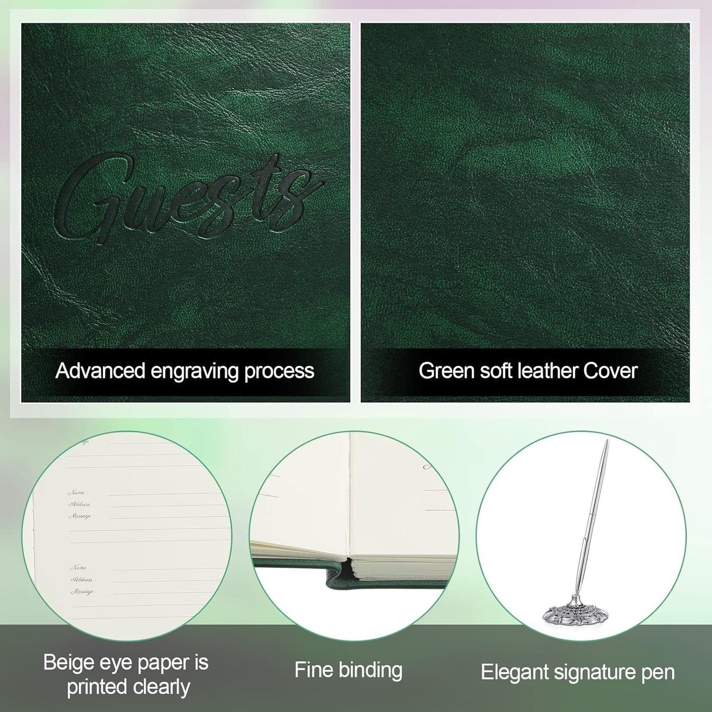 Leather Guest Book and Pen Stand Set, 10.5" x 8" Embossed Guests Sign in Book Registry Book for Funeral, Wedding Reception, Vacation Homes and Events, 80 Sheets (Green)