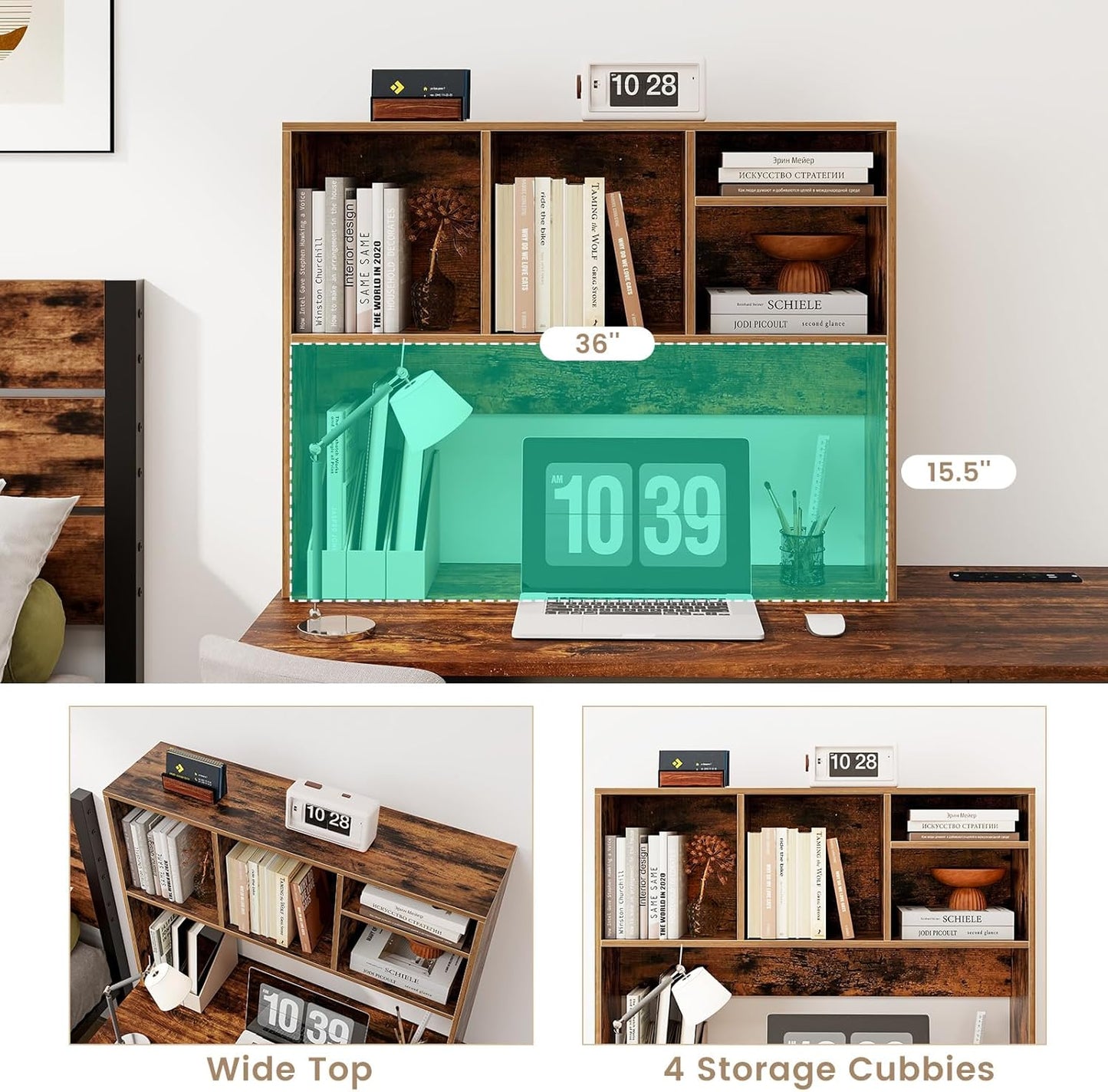 Desk Hutch, Desktop Shelf with 4 Shelves, Desk Bookshelf w/Anti-Toppling Devices, Wood Table Top Bookshelf Organizer, Small Desk Shelf for Study, Office, Dorm (Rustic Brown, 4 Shelves)