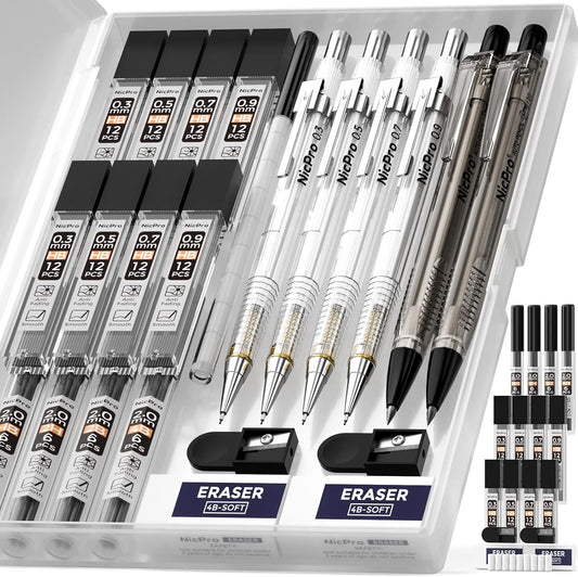 Nicpro 6PCS Art Mechanical Pencil Set, 4PCS Drafting Pencils 0.3 & 0.5 & 0.7 & 0.9 mm & 2PCS 2mm Lead Holder (4B 2B HB 2H) For Writing, Sketching Drawing With 12 Tube Lead Refills Erasers Case