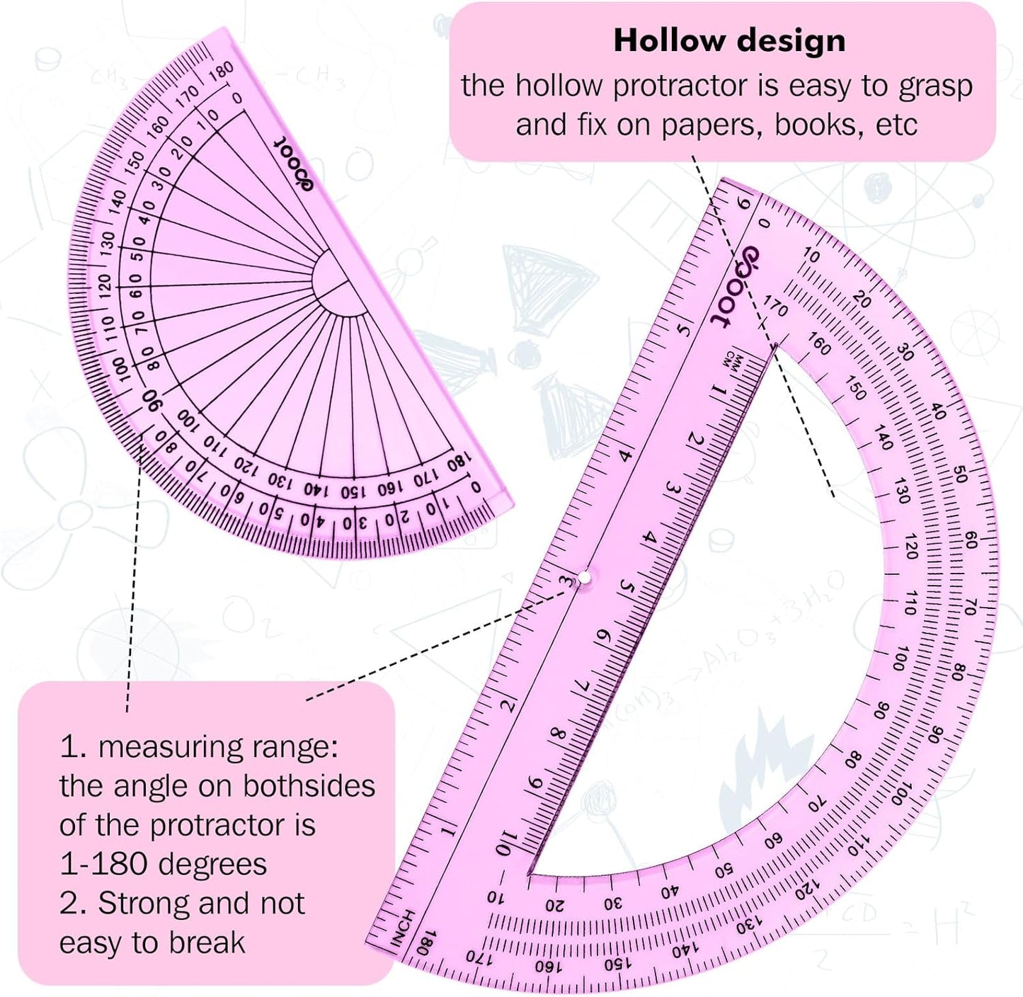 EBOOT 2 Pcs Plastic Protractor Clear 180 Degrees Transparent Protractor for Geometry, 4 Inch and 6 Inch(Pink)
