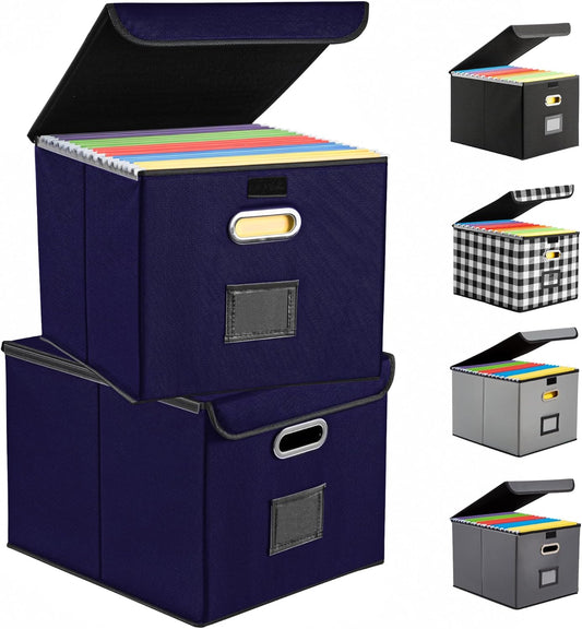 File Organizer Box, Linen Filing Organizer with Lid, Large Desktop File Boxes, Dark Blue,2 Pack