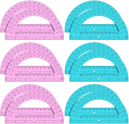 Ctosree 12 PCS Bulk Protractor - Plastic Translucent 180 Degrees 6 Inch Clear Math Protractor Set for Geometry, Angle Measurement, Office Stationery, Pink & Blue