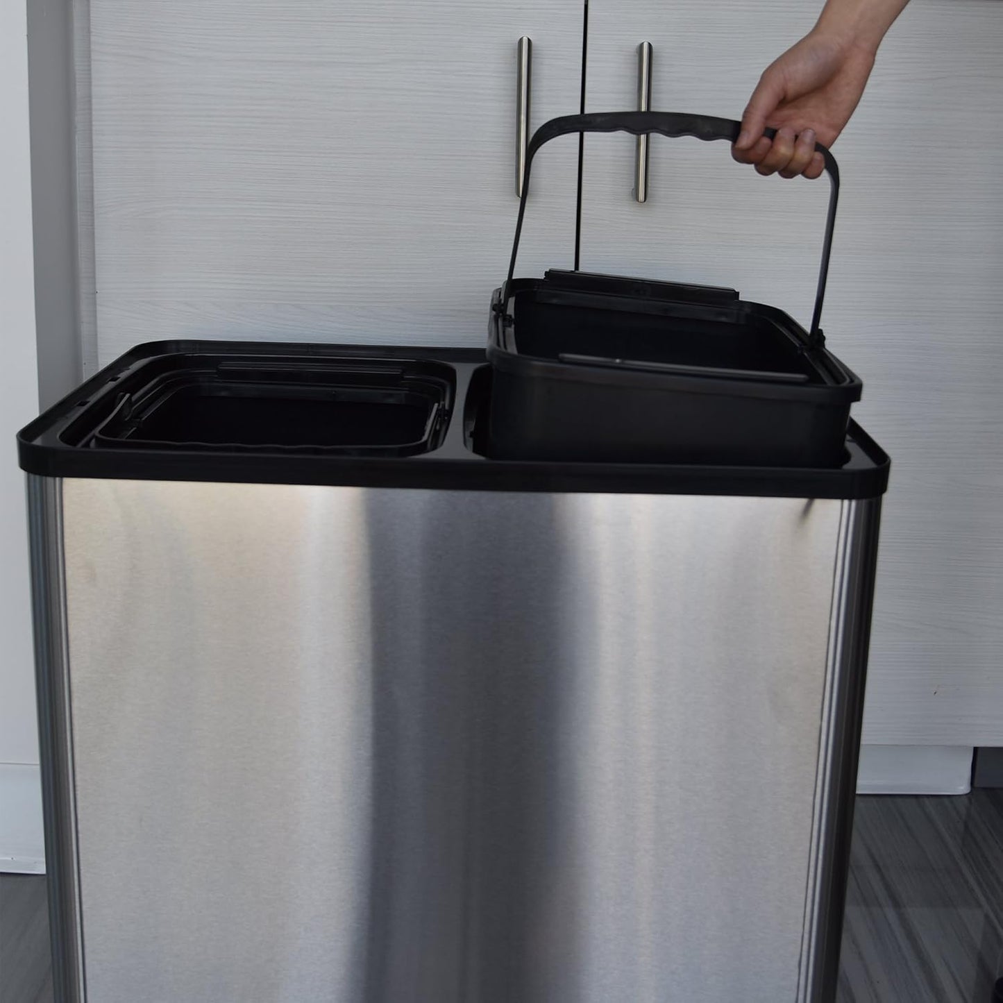 iTouchless 16 Gallon Touchless Sensor Trash Can and Recycle Bin with Wheels, 60 Liter Stainless Steel Dual-Compartment (2 x 8 Gallon) Kitchen Recycling and Garbage Trashcan