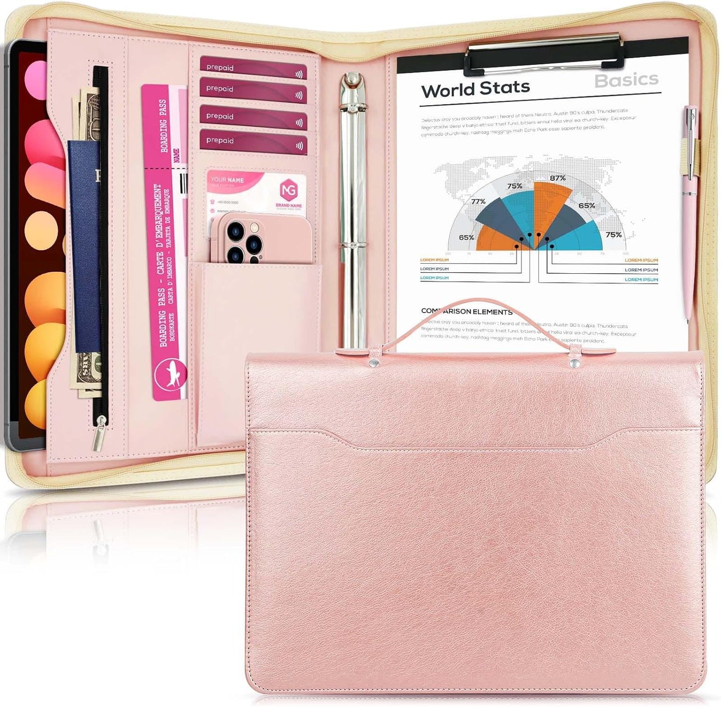 Faux Leather Portfolio Binder with Handle & Clipboard, Zippered Padfolio Folder Organizer 3 Ring Binder for Document, Business Card Holder, Professional Portfolio Notebook for Men & Women (Rose Gold)