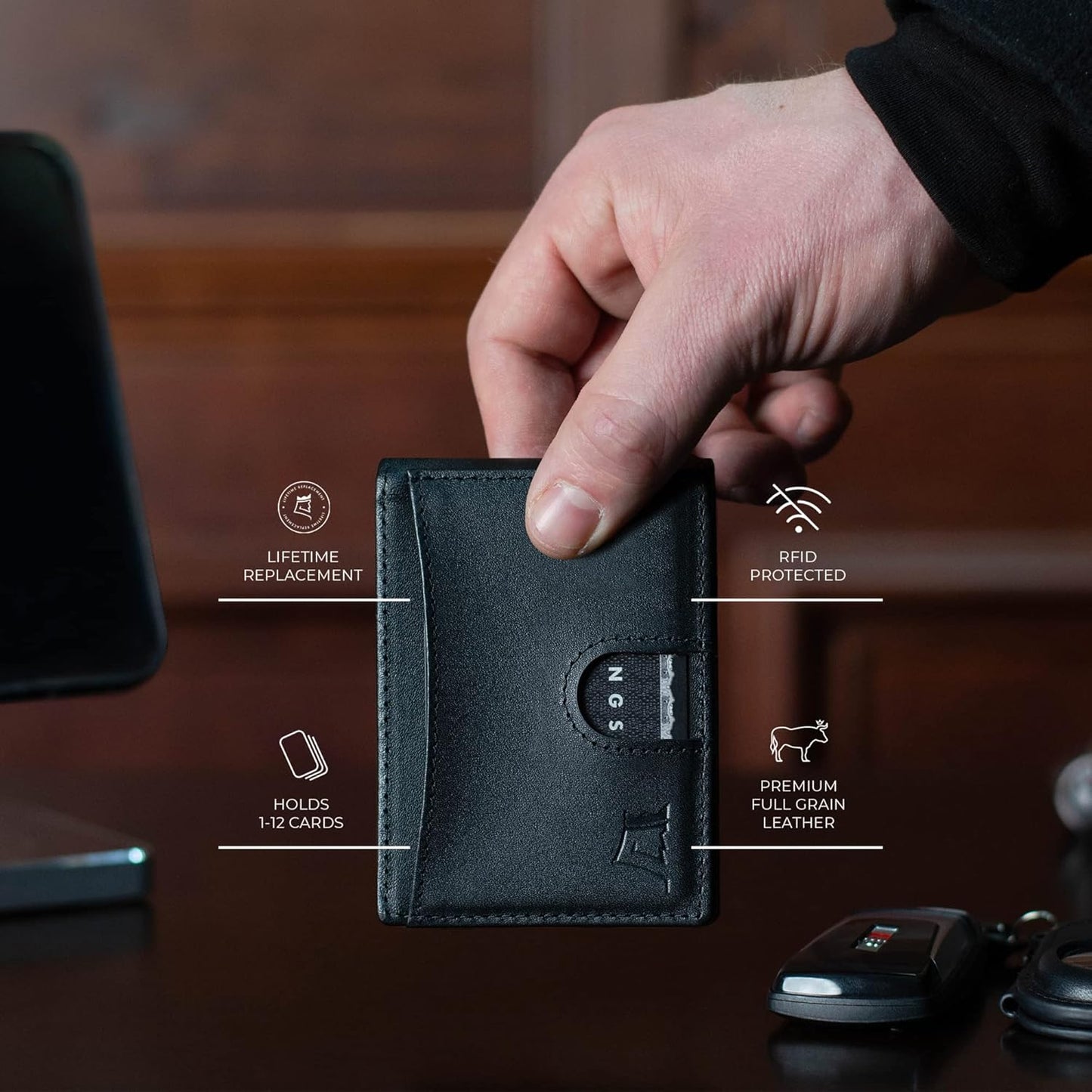 Kings Loot Money Clip Slim Minimalist Wallet for Men – RFID Blocking Leather Design with Money Clip – Front Pocket Bifold Holds 12 Cards – Stylish & Compact Wallets (Black)