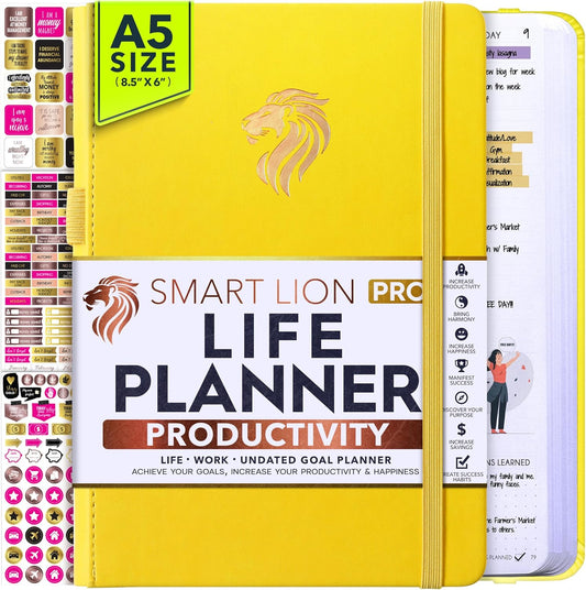 Life Planner - Undated Daily, Weekly & Monthly Planner with Budget Section | A 12 Month Journey to Increase Productivity & Happiness | Life Organizer & Gratitude Journal - Horizontal Format