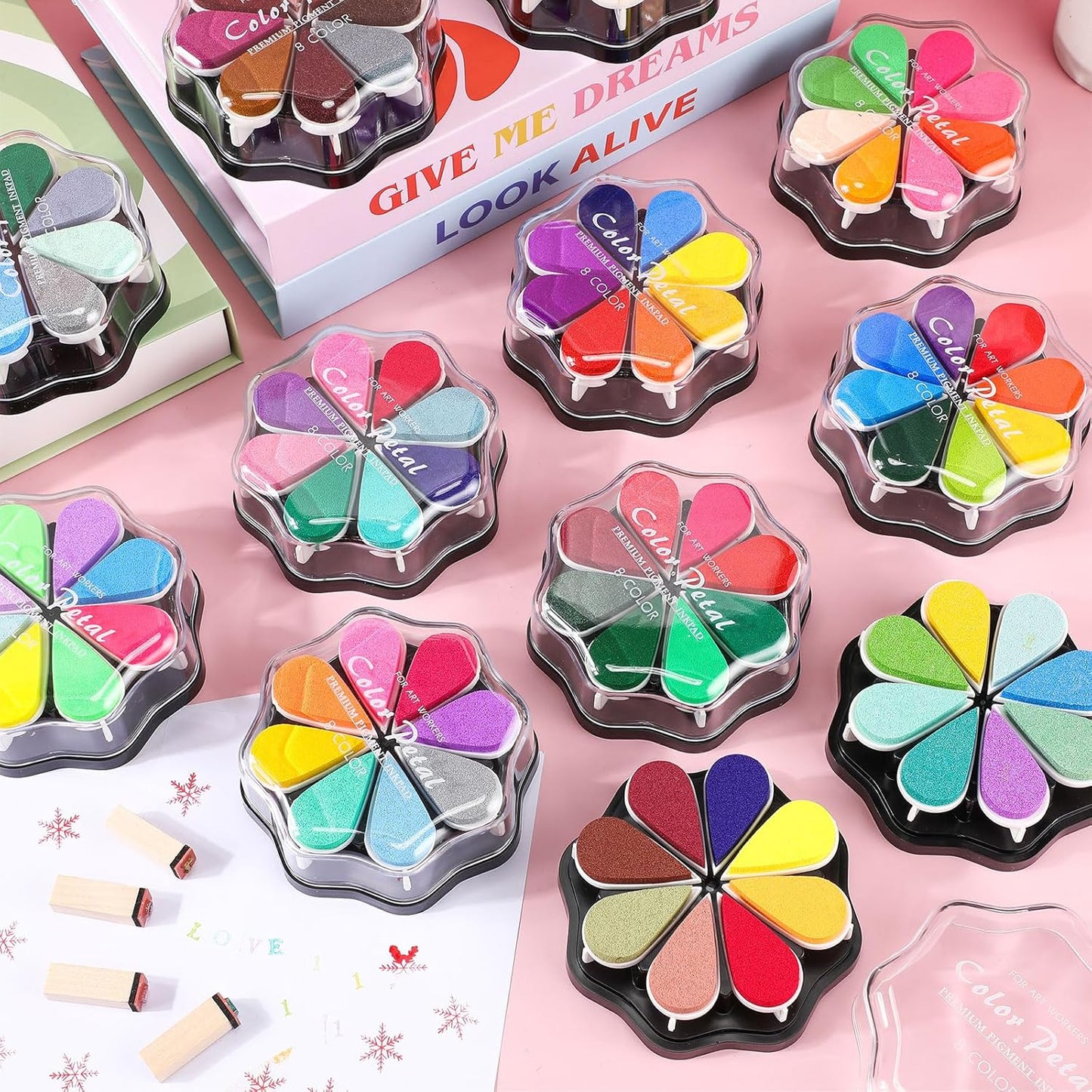 Jetec 12 Packs Petal Ink Pads Finger Ink Stamp, Rainbow Rubber Stamps Washable Waterdrop Shaped Stamp Pads for Card Making, Scrapbook, Painting (96 Colors)