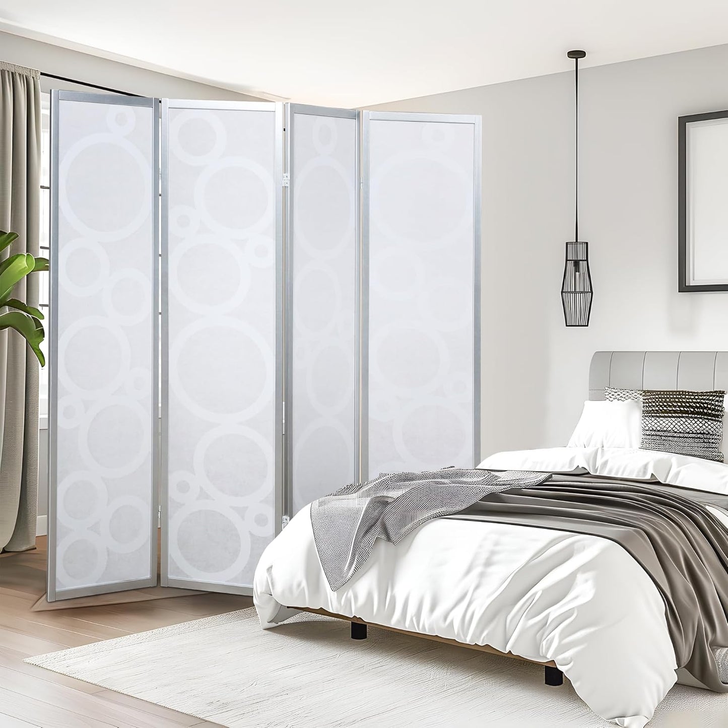 NicBex Room Divider 4 Panel Room Dividers with Circle Pattern Partition Room Dividers and Folding Privacy Screens Wall Divider for Home, Office, Room Separation,70" W x 1" D x 70" H, White+Silver