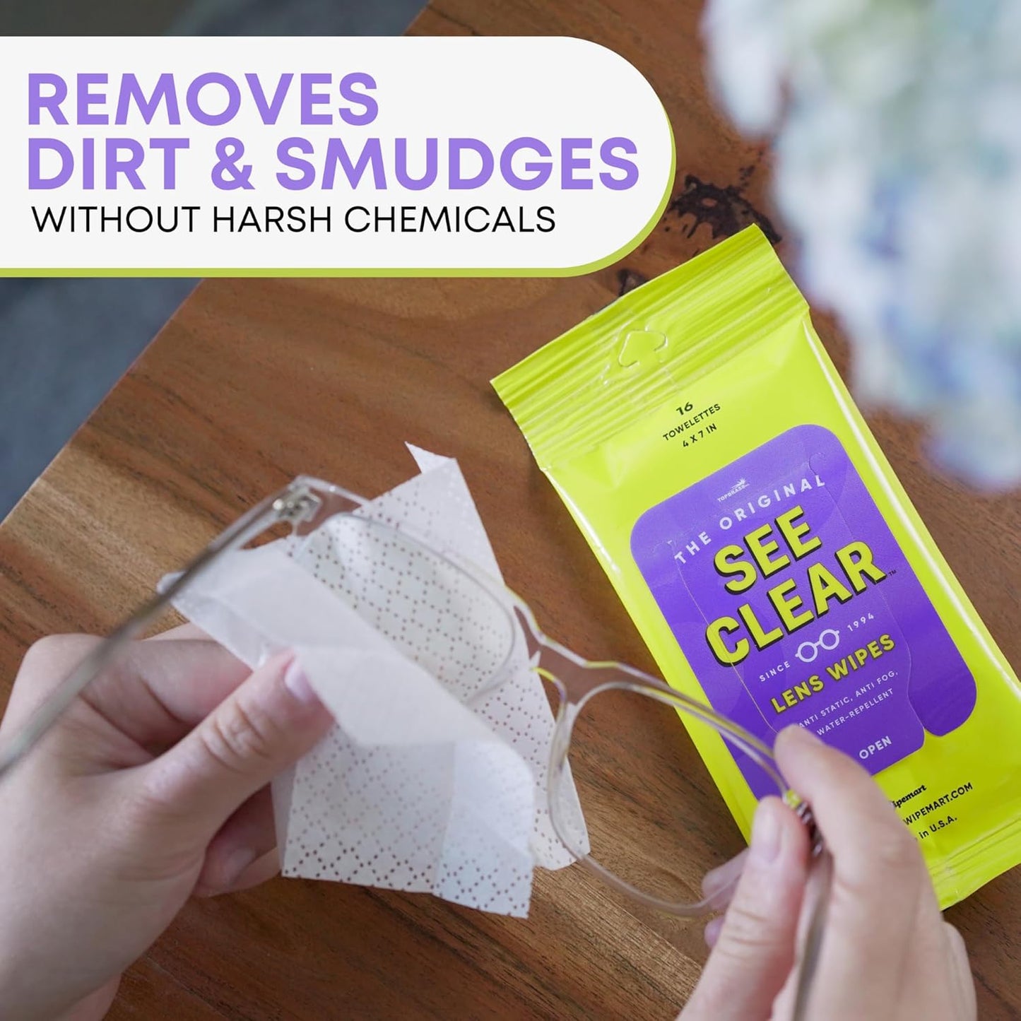 See Clear Original Lens Cleaning Wipes - Pre-Moistened Eyeglass & Screen Cleaning Cloth Towelettes - Streak Free, Scratch Free Lens & Electronic Screen Cleaner - 24 Resealable Packs of 16