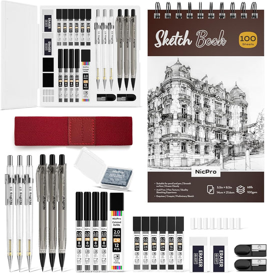 Nicpro 26PCS Art Drawing Supplies Kit, Mechanical Pencils Set 0.5, 0.7, 0.9 & 2mm, 100 Sheets Sketch book, 172PCS Lead Refills, School Supplies Gifts for Artist Adults Teens Girls Boys Kids Sketching
