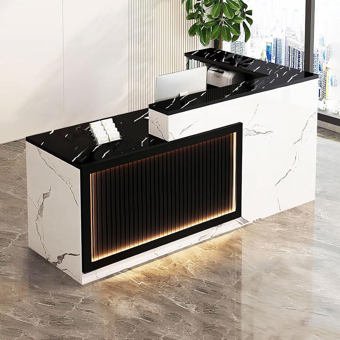 Modern Reception Desk with Counter and Drawer Office Front Desk with Cabinet Wooden Commercial Reception Table Checkout Counter for Retail Salon Lobby White and Black Left 79inch/200cm