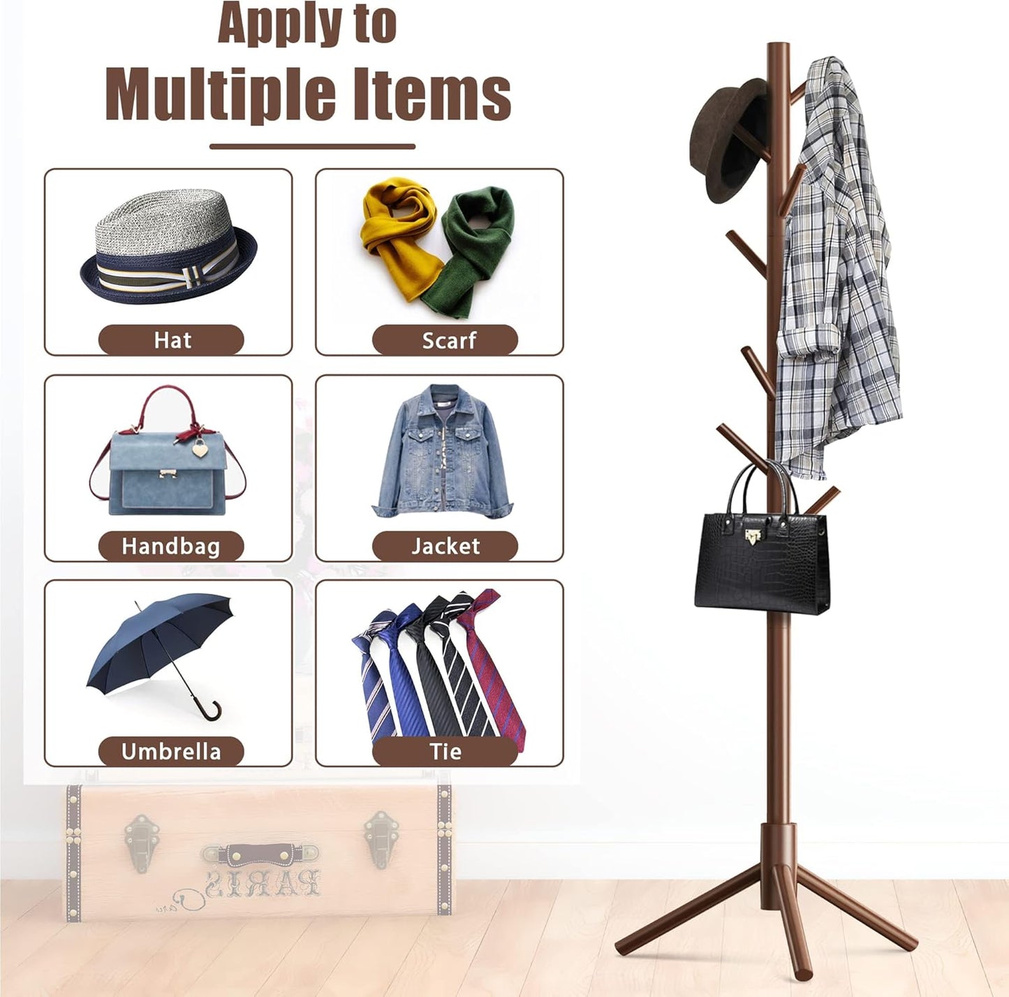 Haddockway Wooden Coat Rack Stand with 8 Hooks New Zealand Pine 3 Adjustable Coat Standing Tree Easy Assembly for Coats, Hats, Scarves and Handbags for Entryway, Hallway, Bedroom, Office