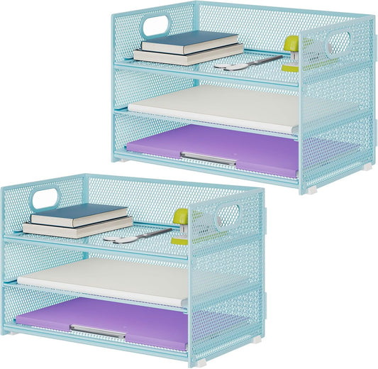 Marbrasse 3 Tier Paper Organizer Letter Tray, Mesh File Organizer with Handle, Paper Sorter Desk Organizer for Home Office Supplies - 2p Blue