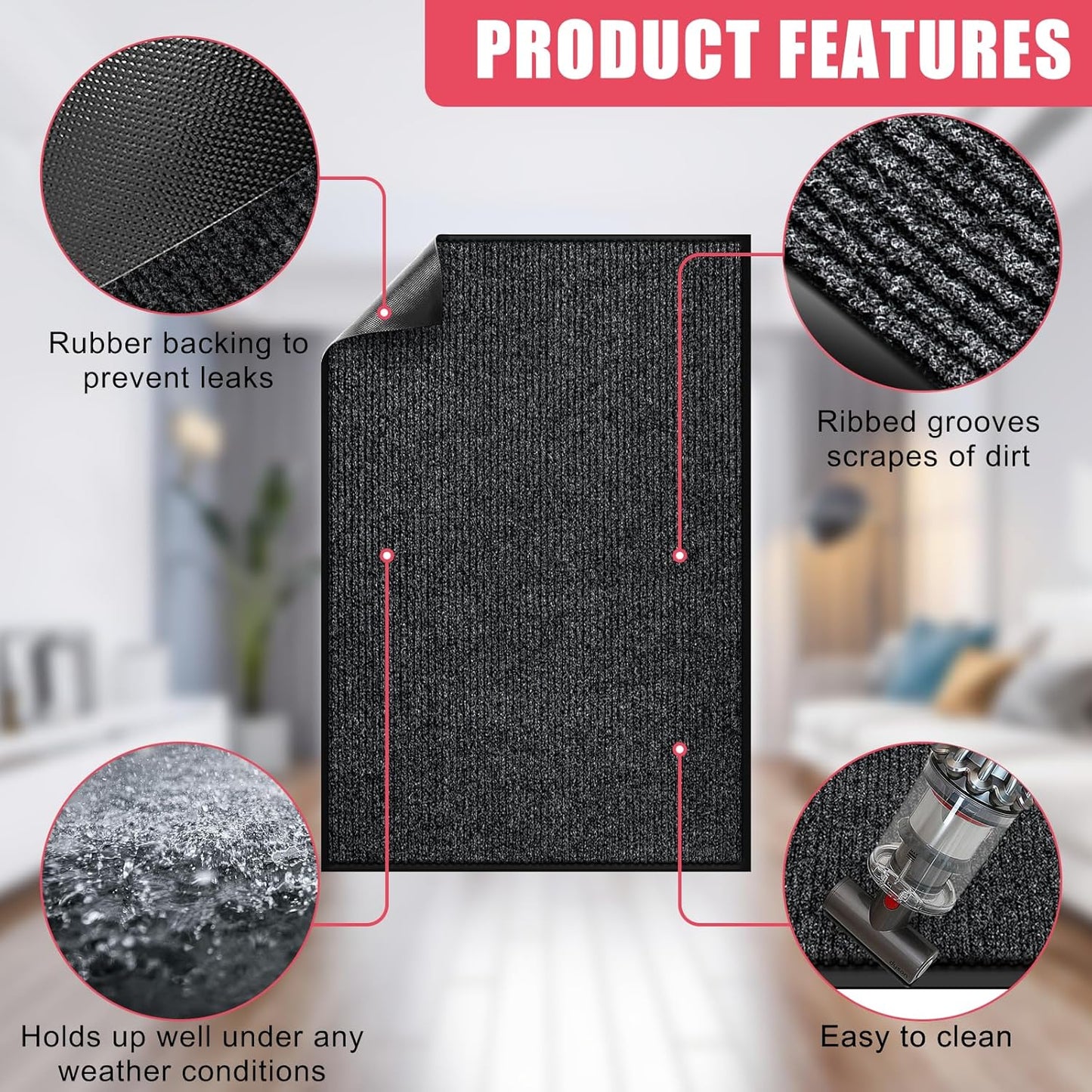 Kuyal Front Door Mat, 2'x4' Indoor Outdoor Entrance Mat, Commercial Floor Mats Inside Outside Entrance, Heavy Duty Durable Welcome, Rubber Backing Non Slip Outdoor Mats for Entryway,Black