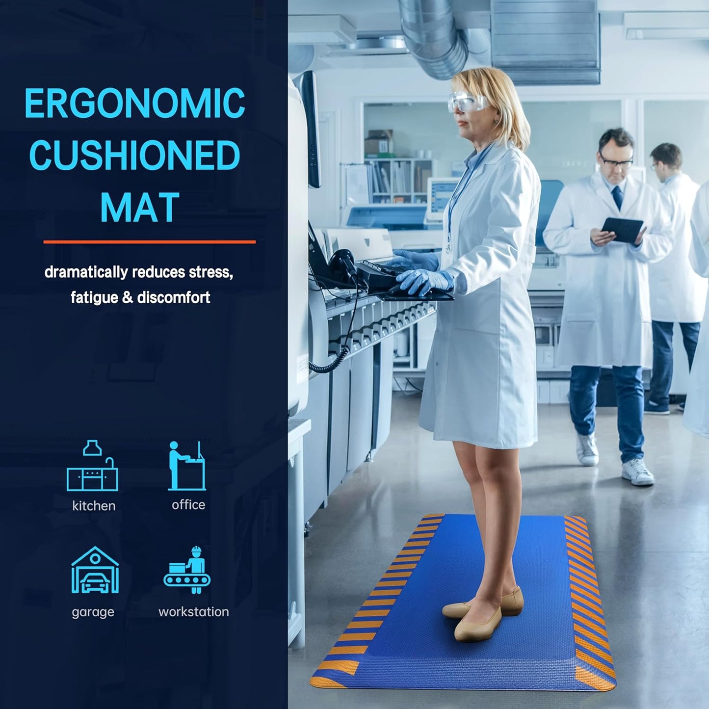 FEATOL Anti Fatigue Mat Industrial, Ergonomic Standing Floor Mat for Work for Stand, Blue with Yellow Border Safety 17" x 24"-Support for Leg & Back Pain