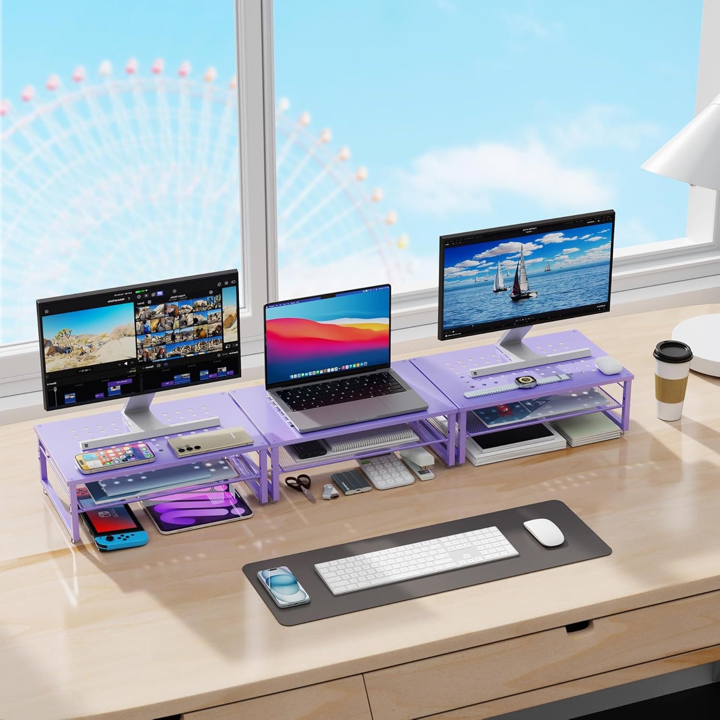 gianotter 2-Tier Metal Monitor Stand Riser, Office Desk Storage Organizer for Computer Monitor, Laptop, Printer, Office Supplies (Purple)