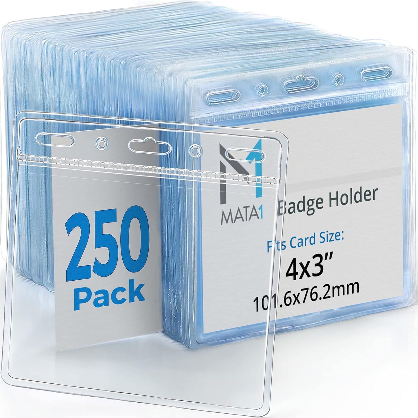 Mata1-USA Plastic Extra-Thick Horizontal Card Protector (Clear, 4x3 Inch, 250 Pack), Large Size No Zipper ID Name Badge Holder