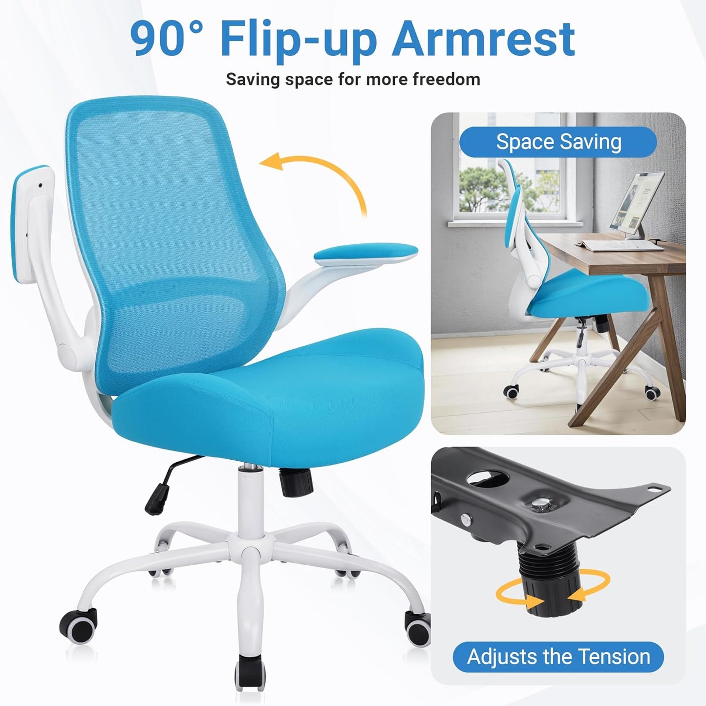HYLONE Heavy Duty Office Chair, 5" Thickened Seat Ergonomic Desk Chair with Adjustable Armrests, Home Office Computer Chairs for Long Hours Mesh Executive Chair(Blue)