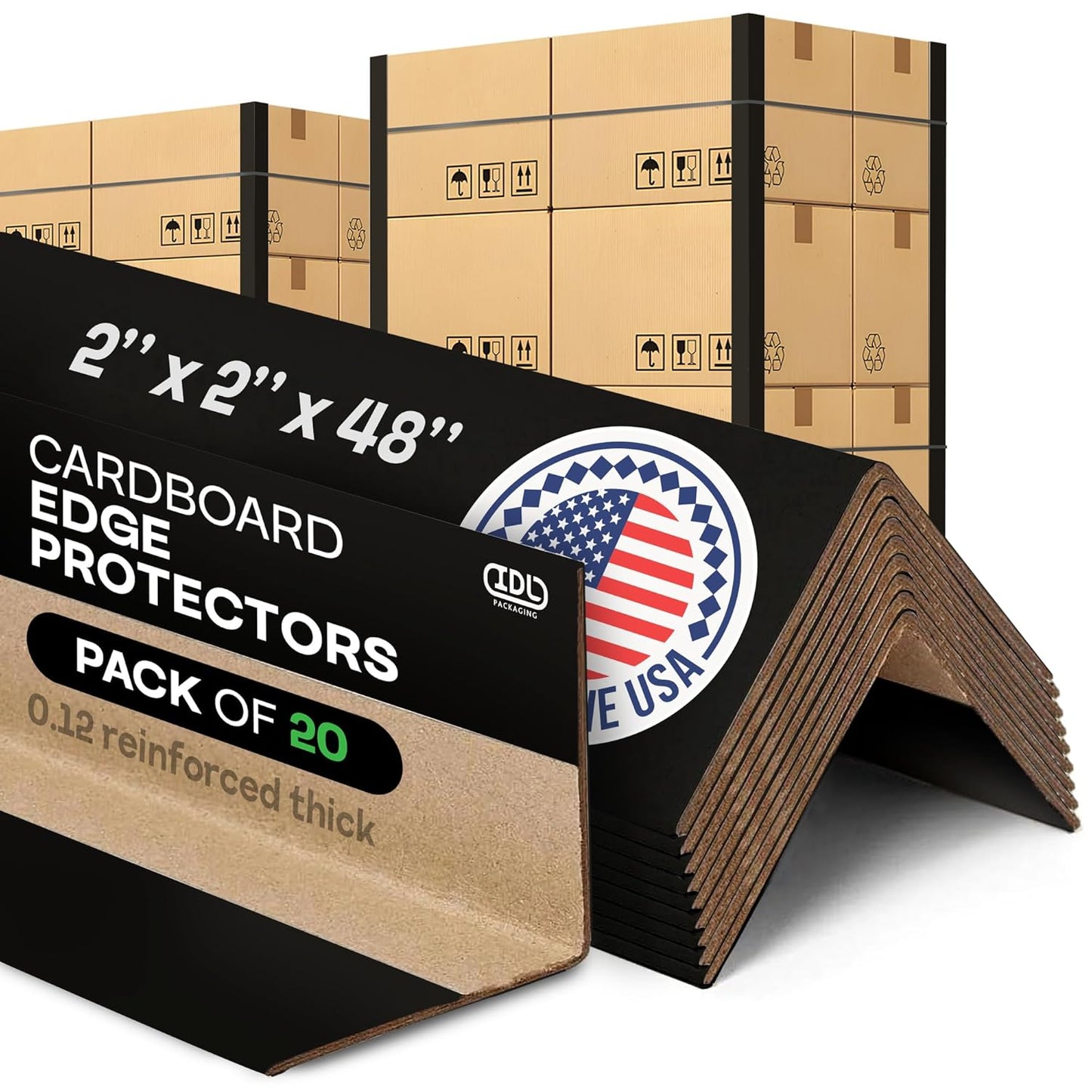 IDL Packaging 2” x 2” x 48” Black Cardboard Edge Protector (Pack of 20) - Corner Protectors for Shipping, Storage, & Moving – Reinforced Corner Guard Protection for Pallets, Wall Corners, & Furniture