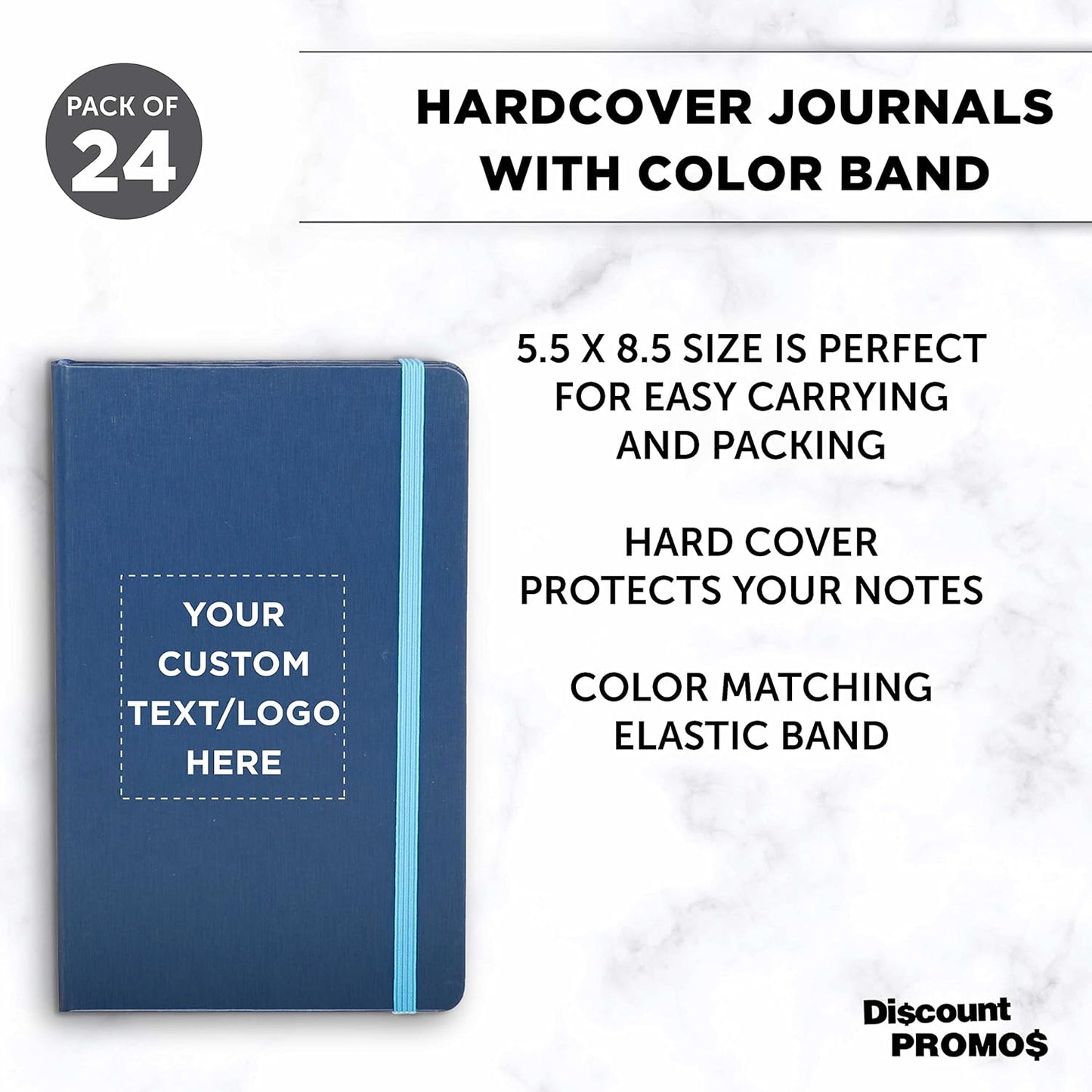 DISCOUNT PROMOS Custom Hardcover Notebook Journals with Elastic Colored Band Set of 24, Personalized Bulk Pack - Perfect for School, Office, Home - Blue