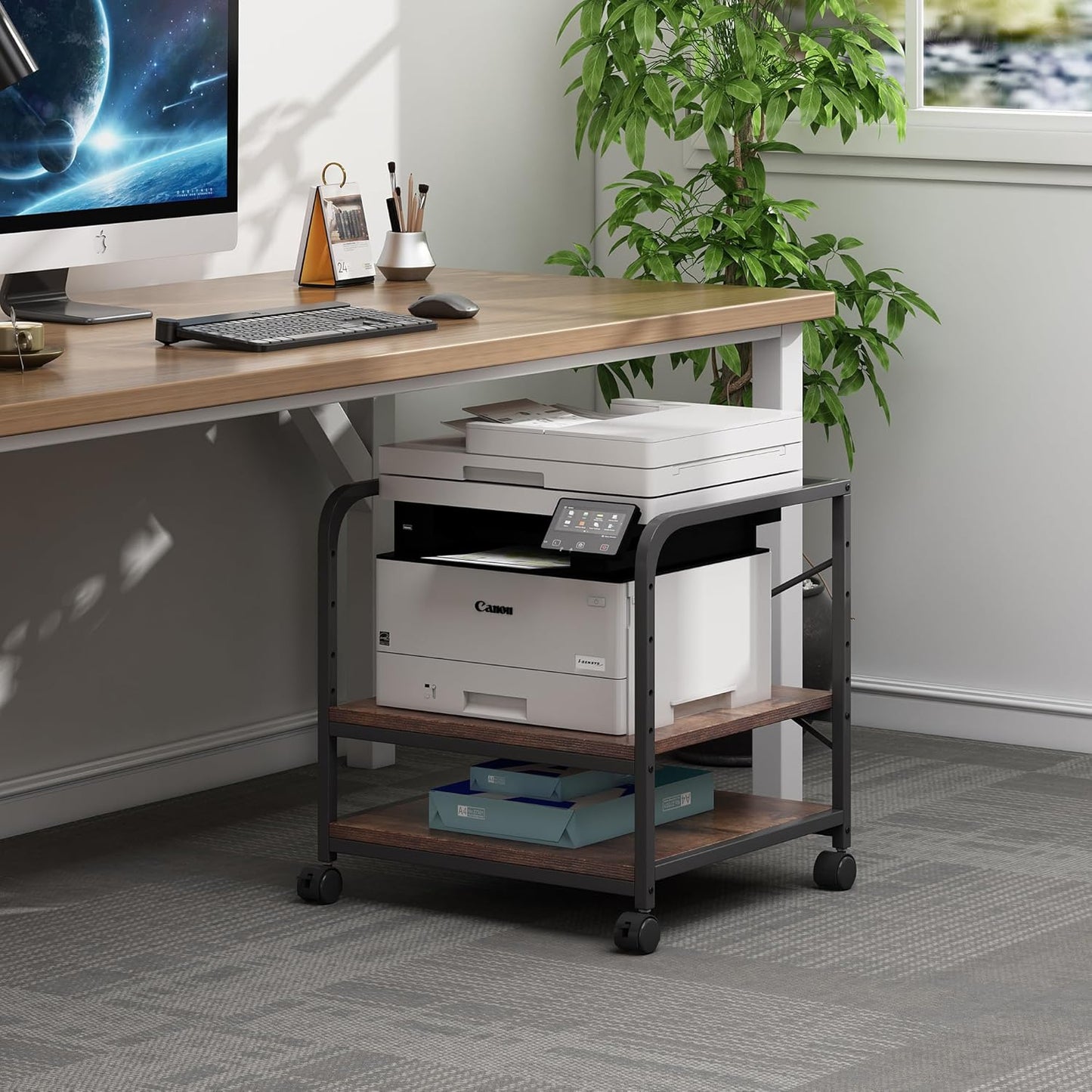 Under Desk Printer Stand, 20 Inches Deep Large Printer Table with Height Adjustable Storage Shelf, 2 Tier Rolling Printer Cart with Wheels for Home Office - Rustic Brown