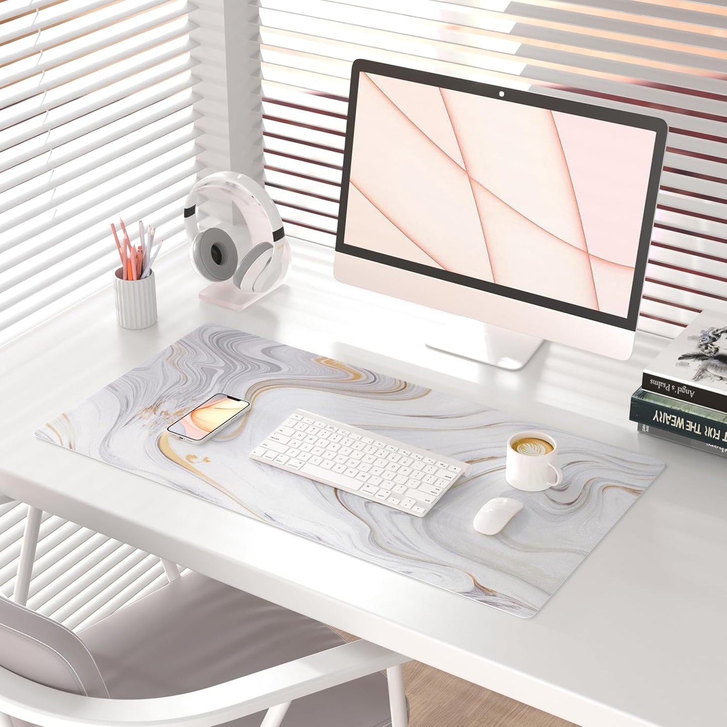 QIYI White Mouse Pad, Cute Marble Large Desk Mat, PU Leather Desk Protector Mousepad, Gold Grey Striped Waterproof Computer Keyboard Gaming Mouse Pads, Non Slip Extended Writing Pad 31.5" x 15.7"