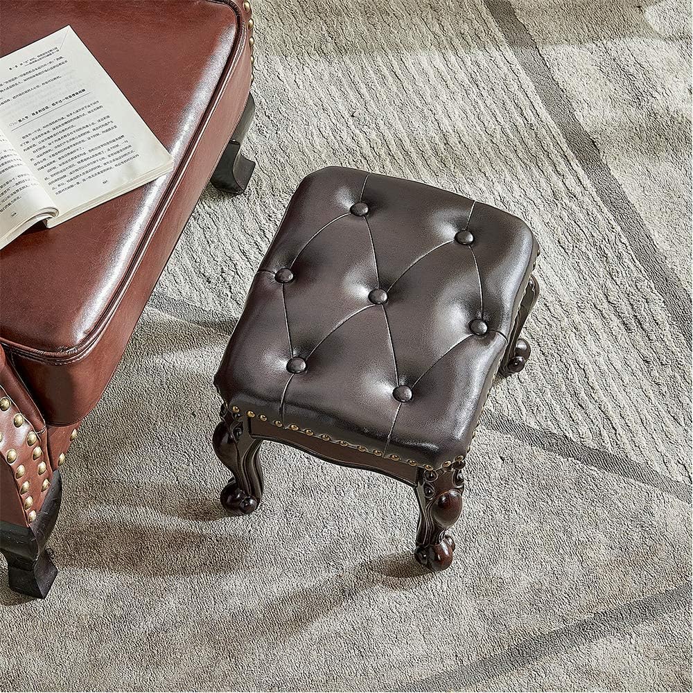 LEILISI Small Footstool Brown Leather Ottoman,Vintage Carved Upholstered Footrest, Rubber Wooden Foot Rest Stool Sofa Stool (Black-Brown)