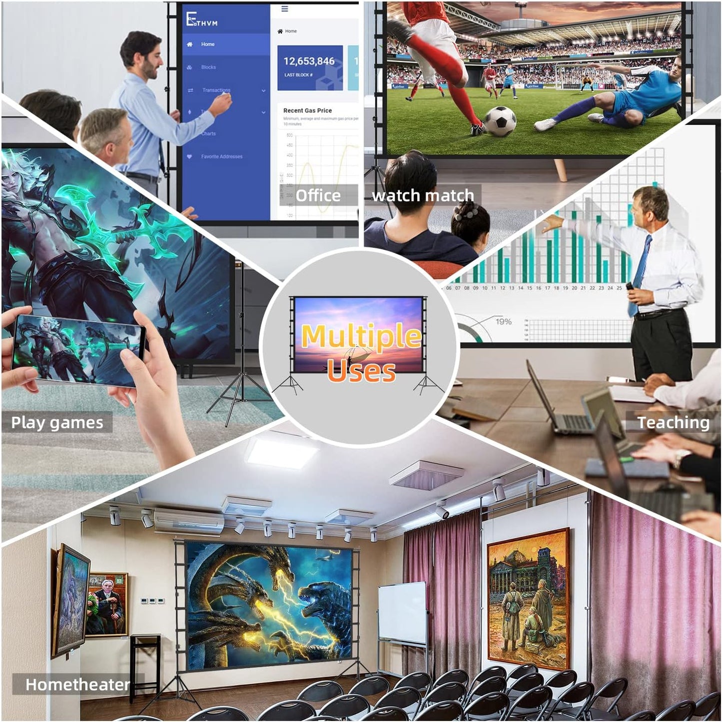 150'' Portable Projector Screen with Stand, 4K HD Outdoor Movie Screen, 10-Year Exchange