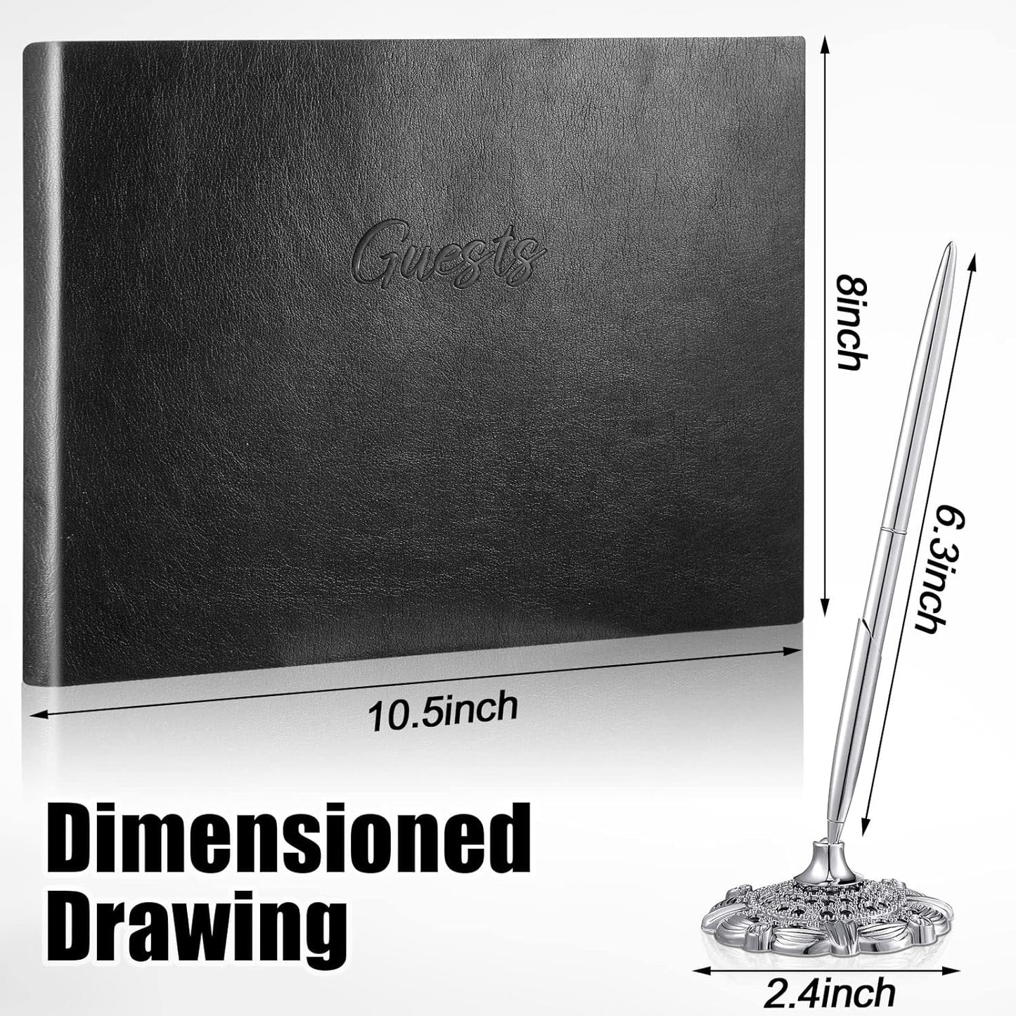 Leather Guest Book and Pen Stand Set, 10.5" x 8" Embossed Guests Sign in Book Registry Book for Funeral, Wedding Reception, Vacation Homes and Events, 80 Sheets (Black)