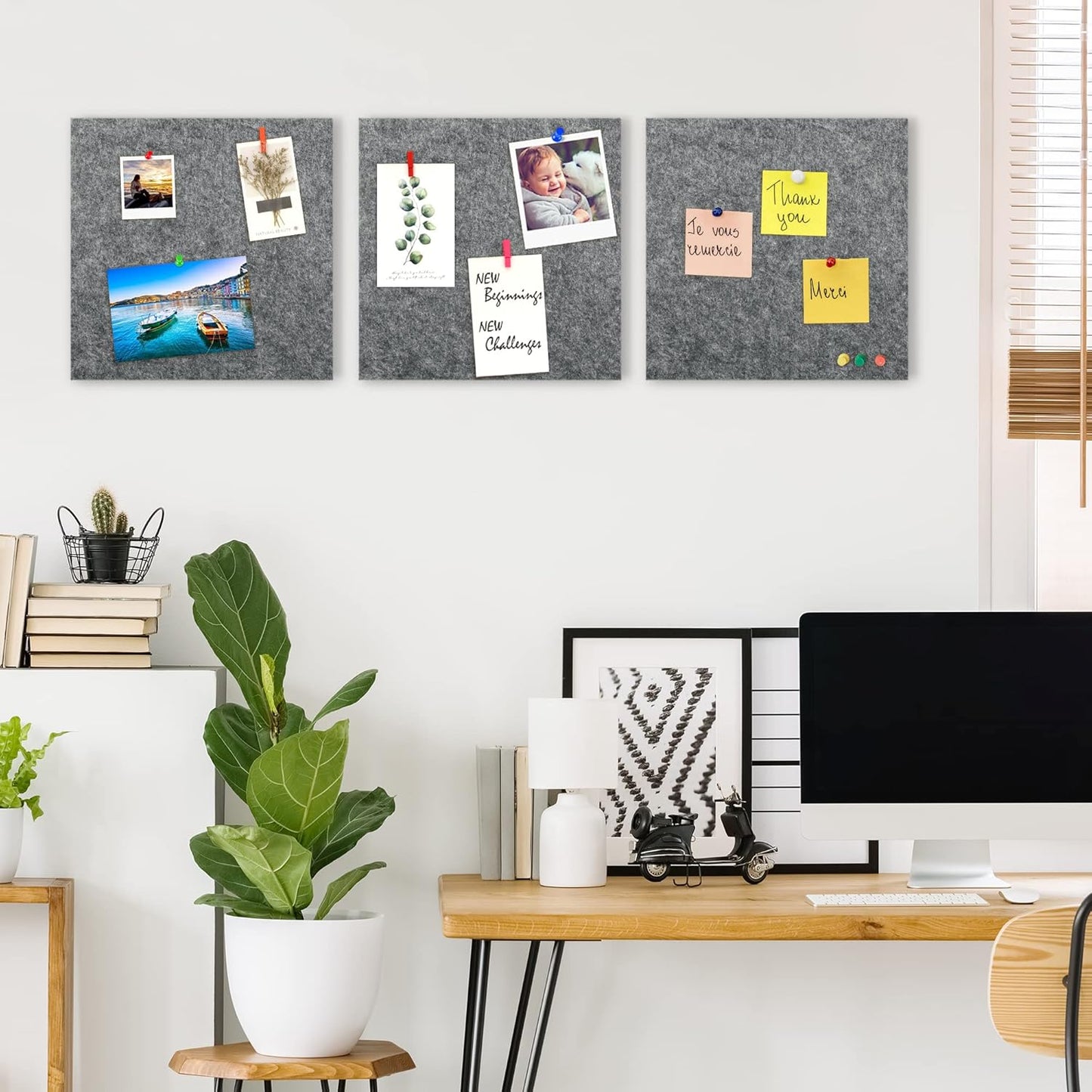 AKTOP Cork Bulletin Board 12x12, 1/2" Thick Felt Cork Board Tiles 6 Pack, Small Square Pin Board for Wall, Self Adhesive Corkboards with 60 Push Pin Wood Clips for School, Home & Office, Grey