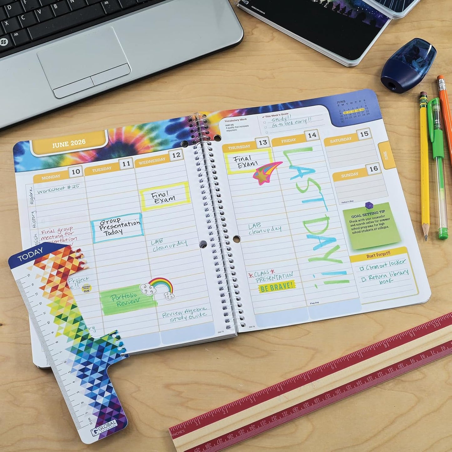 Global Datebooks Dated Middle School or High School Student Planner for Academic Year 2025-2026 Includes Ruler/Bookmark and Planning Stickers (Matrix Style - 7"x9" - Slant)