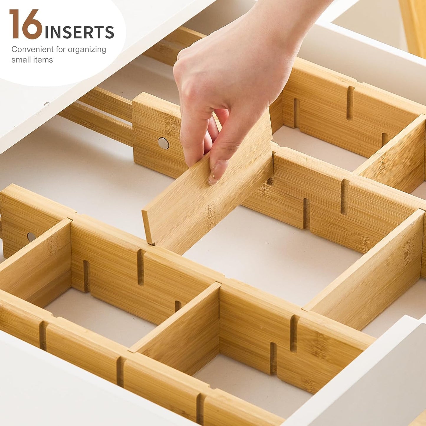 FILWH Bamboo Drawer Dividers with Inserts kitchen drawer organizer Adjustable Expandable 8 Pack Organizer Set for Kitchen Bedroom Bathroom Office 8 Dividers with 16 Inserts (Natural, Small (14-19IN))