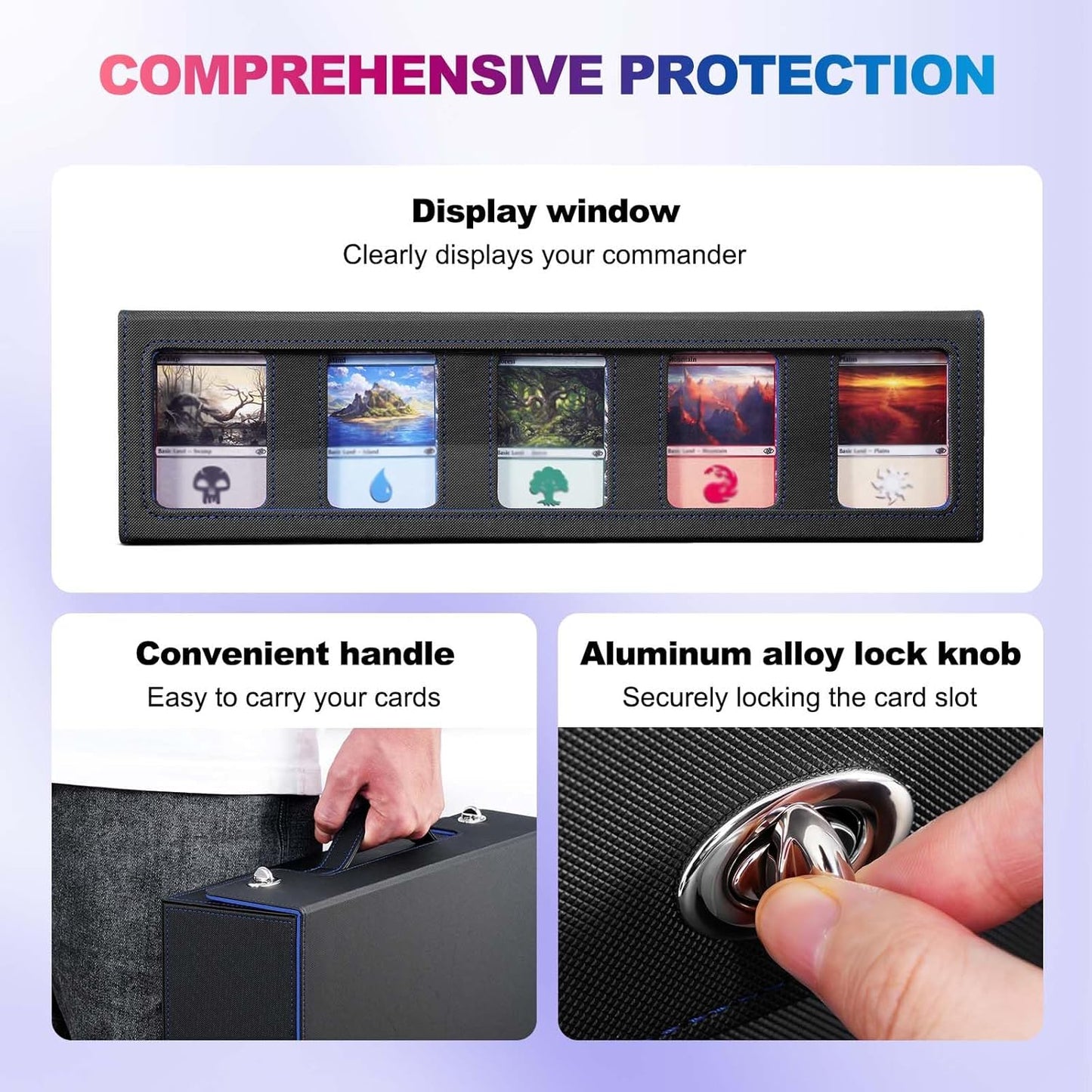 Trading Card Storage Box with Commander Display, 5 Row Magic Card Box with Handle & Aluminum Alloy Locking for 3900+ Unsleeved Cards Suits for MTG PTCG TCG Sports Cards (Black Blue)
