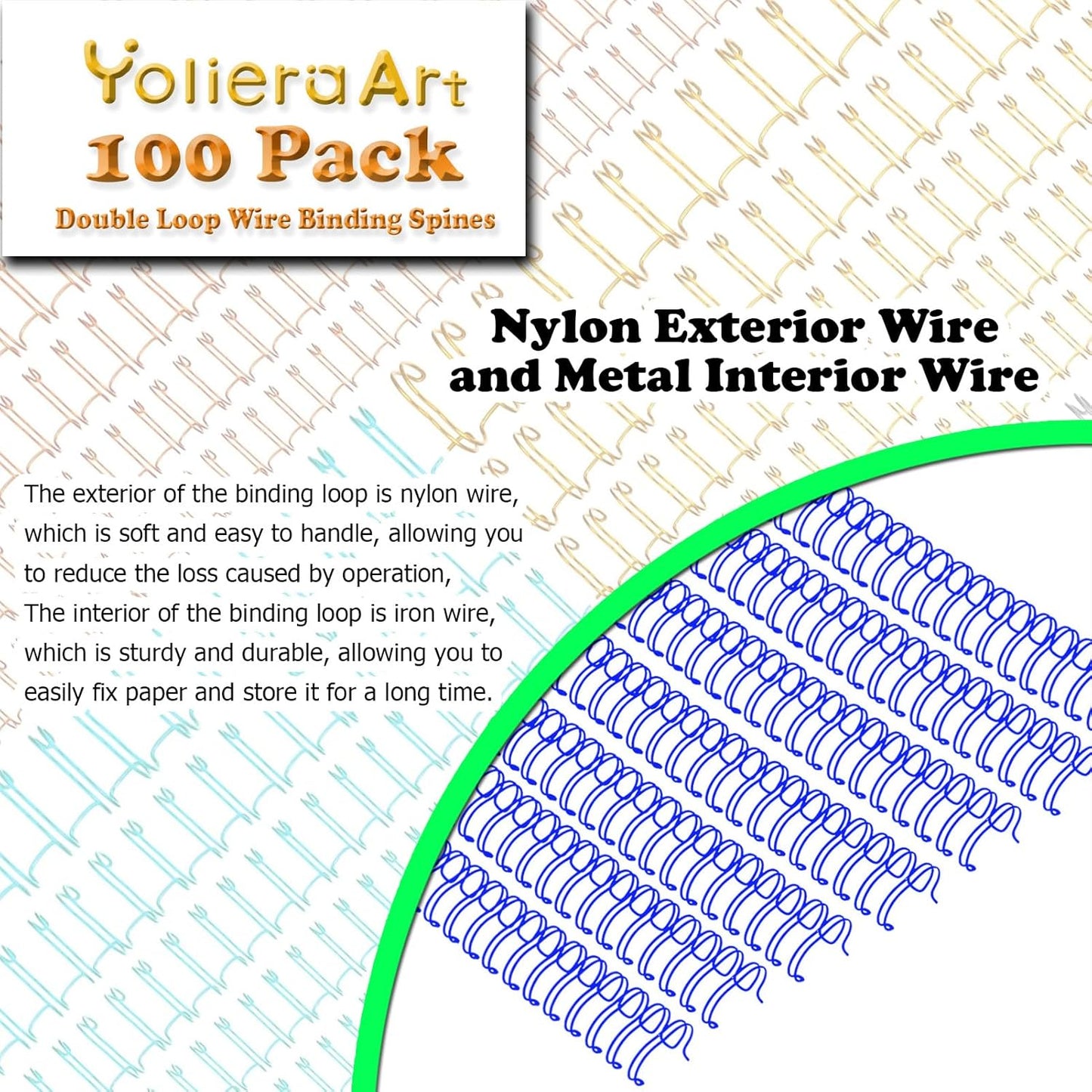 3:1 Pitch Double Loop Binding Wires, YolieraArt 100 Pack Spiral Spine Bindings, 9/16 Inch Wire Twin Binding for Book Binder Machine,Students and Coworkers (120 Sheet Capacity, 100P, Blue)