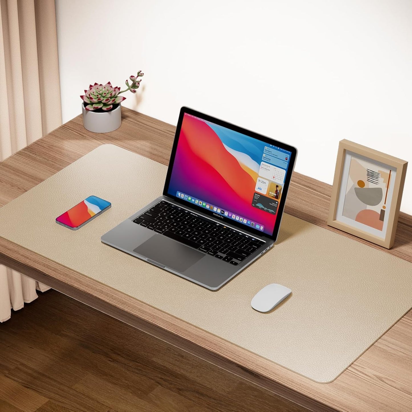 Boutilon Leather Desk Pad Protector,Non-Slip Mouse Pad,Laptop Desk Pad,Office Mouse Mat,Waterproof Leather Desk Blotter,Desk Writing Pad for Office and Home (L-Beige,35"x 17")