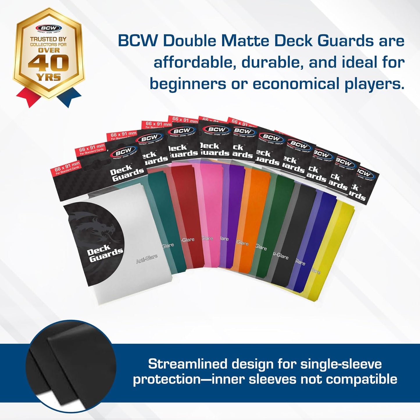 BCW Deck Guard - Double Matte Card Sleeves | 500 Count Box (10 Packs of 50) | Acid-Free, No PVC | Fits 2.5" x 3.5" Game Cards | Archival Safe Protection (Yellow)
