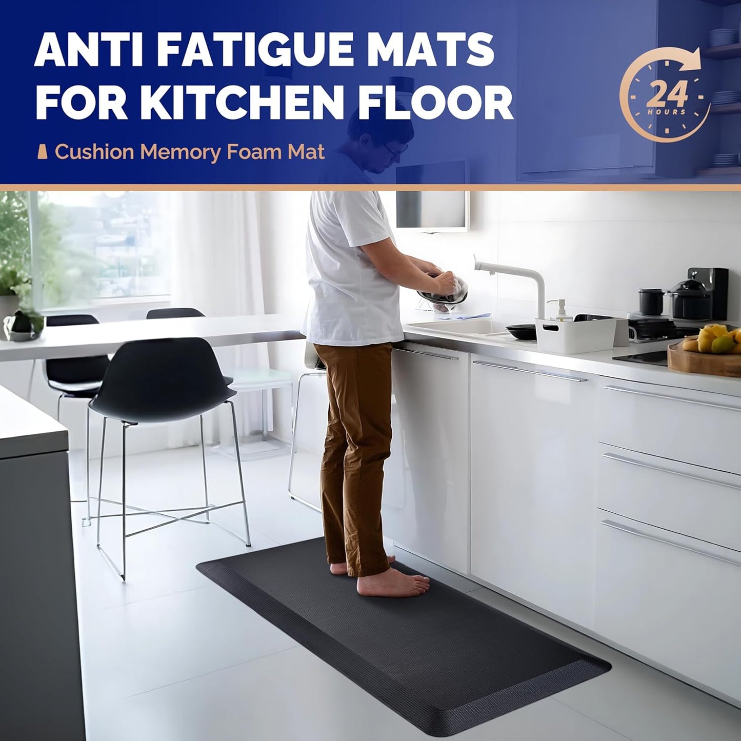 FEATOL Anti Fatigue Mat for Kitchen Floor – 9/10 Extra Thick Standing Cushioned Desk Mat Memory Foam, Ergonomic Floor Padded Comfort at Home, Kitchen, Office, Garage – NOT PVC (17" x 24", Black)