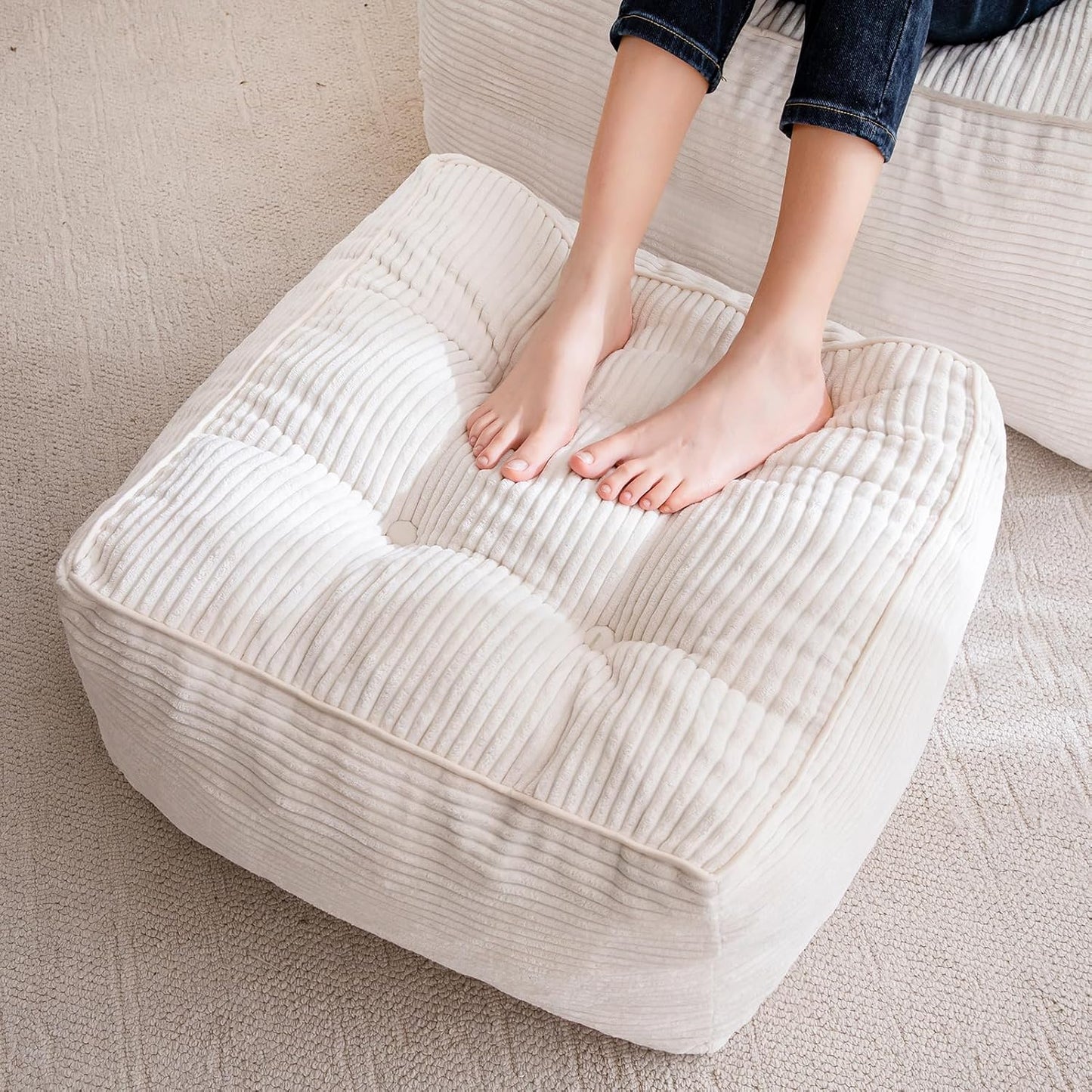 HIGOGOGO Square Stuffed Pouf Ottoman, Corduroy Poufs with Foam Chunk Filling, Furry and Fluffy Pouf Foot Stool Storage Ottoman, 25.6 X 25.6 Floor Poufs Foot Rest for Living Room, Beige
