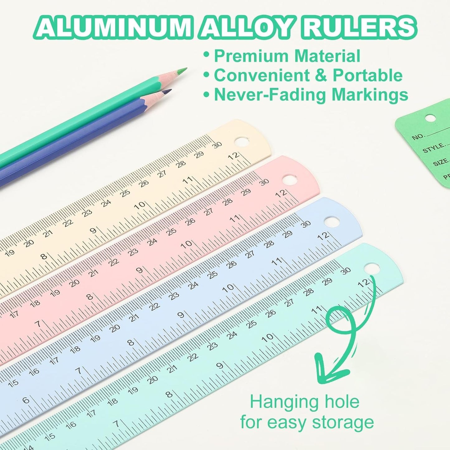 PATIKIL 20cm/8" Metal Ruler, 2 Pack Aluminum Alloy Rulers with Centimeters, Millimeters, Inches and Conversion Table Straight Edge Ruler for Writing Machinist Drafting, Blue Green