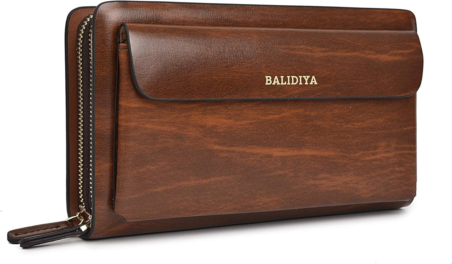 Leather Men Clutch Bag Long Wallet Purse Card Holder Case Business Large Clutch with Double Zip Handbag